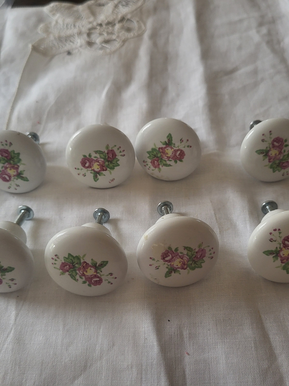 Vintage Cupboard Knobs set of 8 White Ceramic 1 1/2” Rose Drawer Knobs, Single